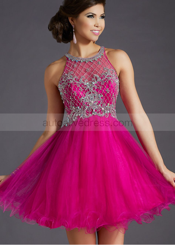 Fuchsia Tulle Beaded Halter Knee Length Prom Dress 